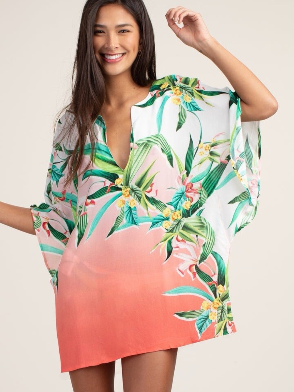Trina Turk Coral and Green Tropical Floral Swim Cover-Up